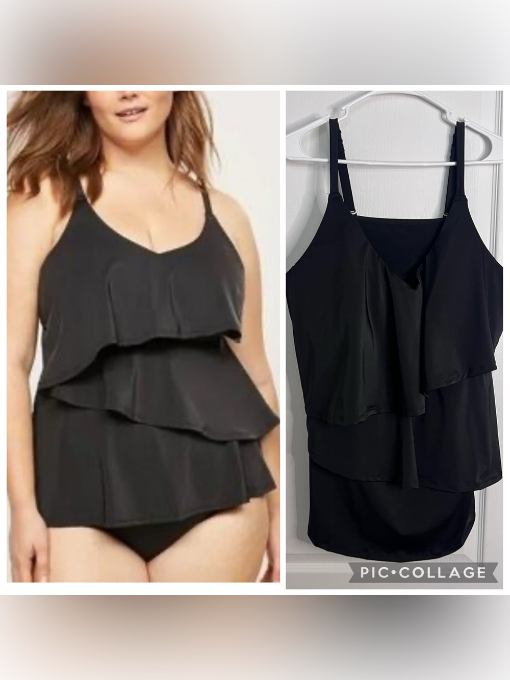 Cacique Lightly Lined No-Wire Black Ruffle Tiered Camisole Tankini Top size 24